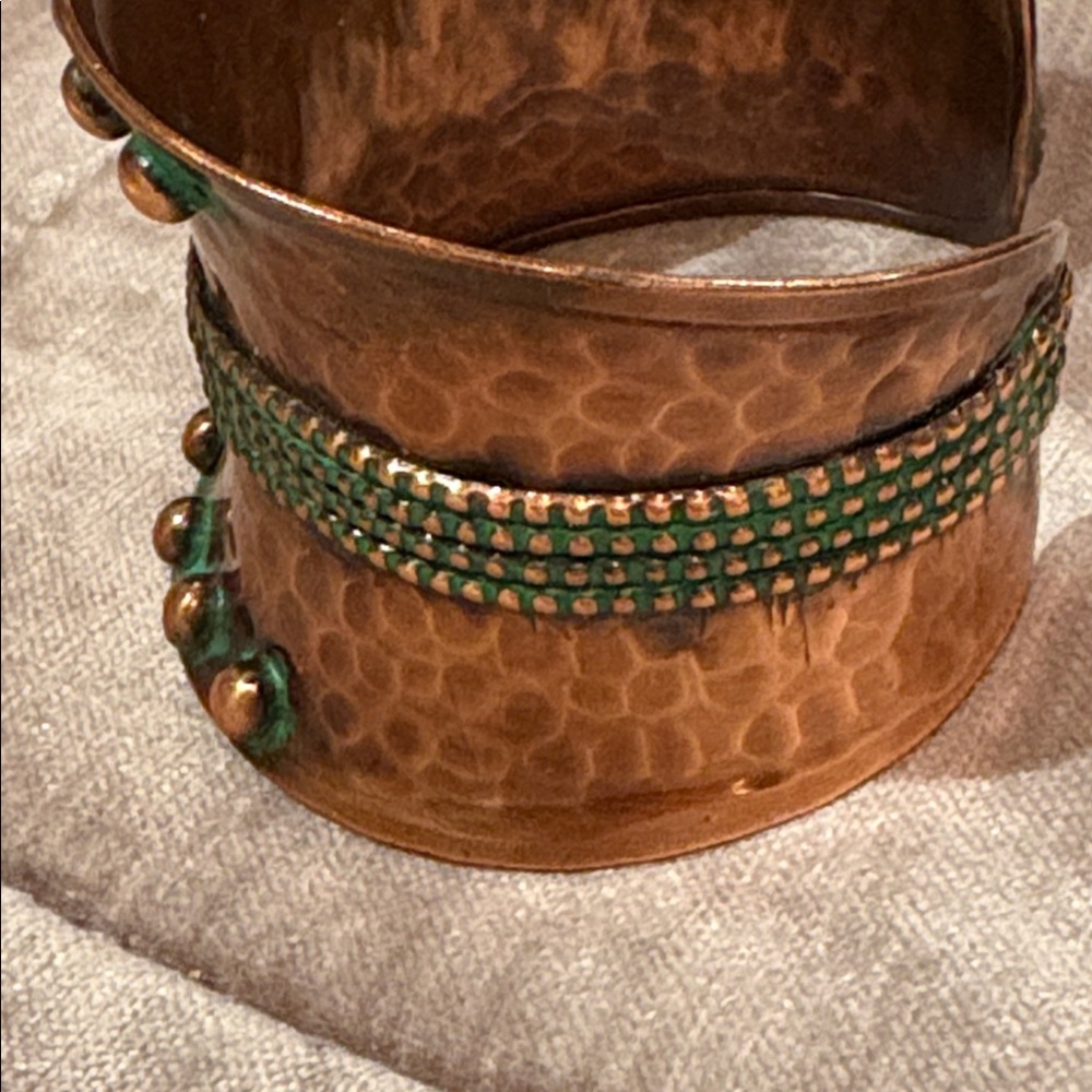Artisan Hammered Copper Cuff Bracelet with Green Accented Design 7-8” Adjustable - Picture 7 of 8